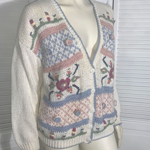 Vintage Hunting Ridge Pastel Hand Knit Cardigan Sweater Women’s Size Medium - Picture 1 of 16